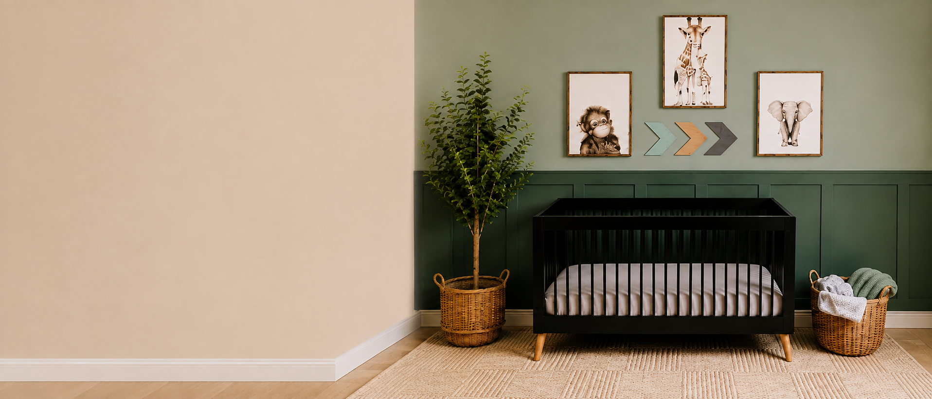 Completed green board-and-batten nursery wall with a black crib and framed animal art