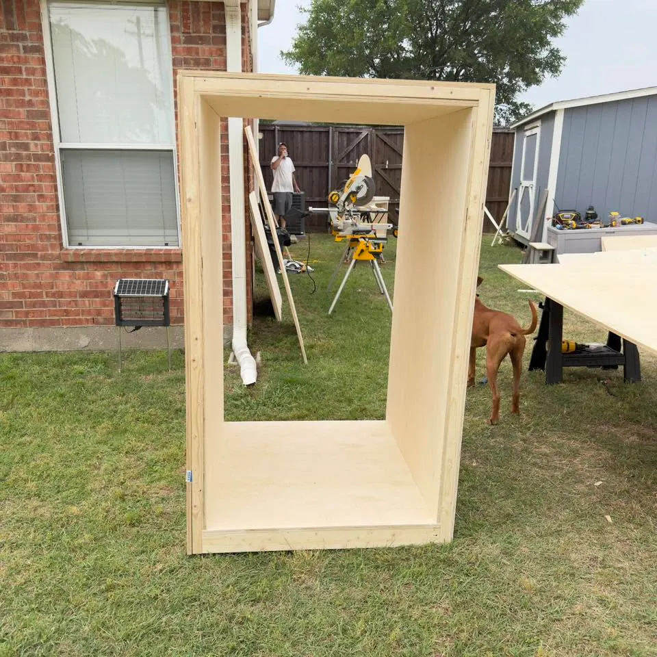 Raw plywood cabinet frame being built for the C&D Beauty retail installation