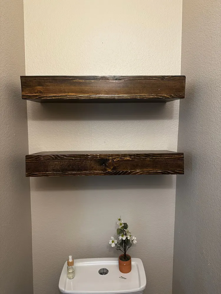 Finished shelving from the floating shelf installation documented by Chavanelle Built Co.