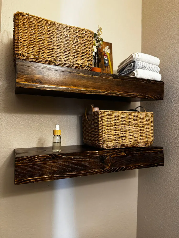 Finished shelving from the floating shelf installation documented by Chavanelle Built Co.
