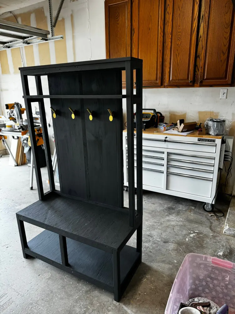 Completed black custom hall tree with brass hooks