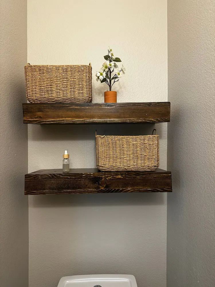 Finished shelving from the floating shelf installation documented by Chavanelle Built Co.